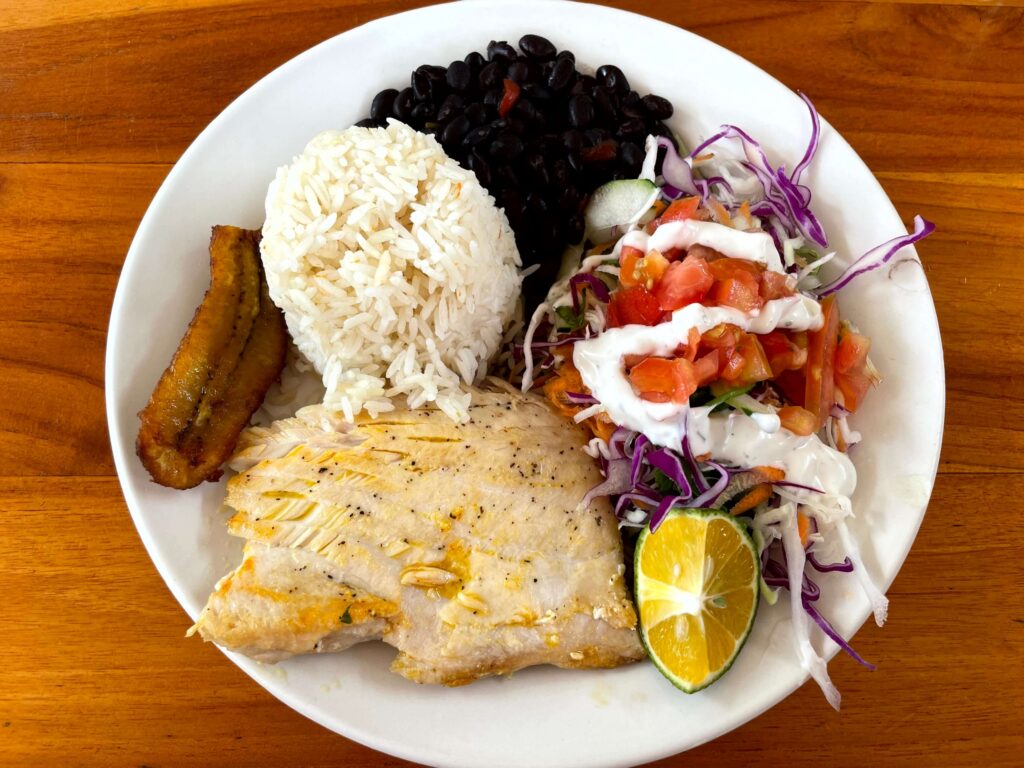 Costa Rican Casado with rice, beans, salad, and fish