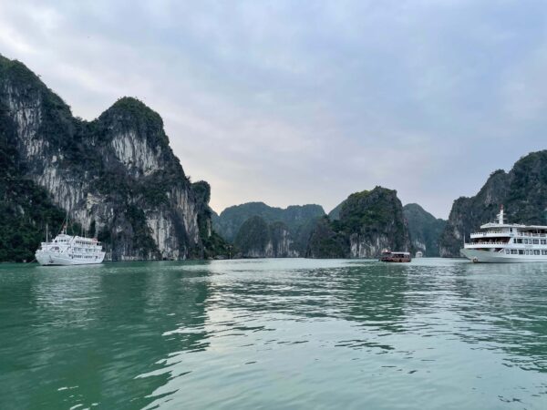 A view of the limestone karsts in Halong Bay from a cruise ship