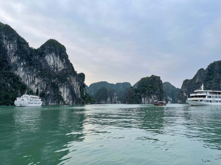 A view of the limestone karsts in Halong Bay from a cruise ship