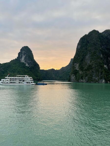 A view of the sunrise in Halong Bay