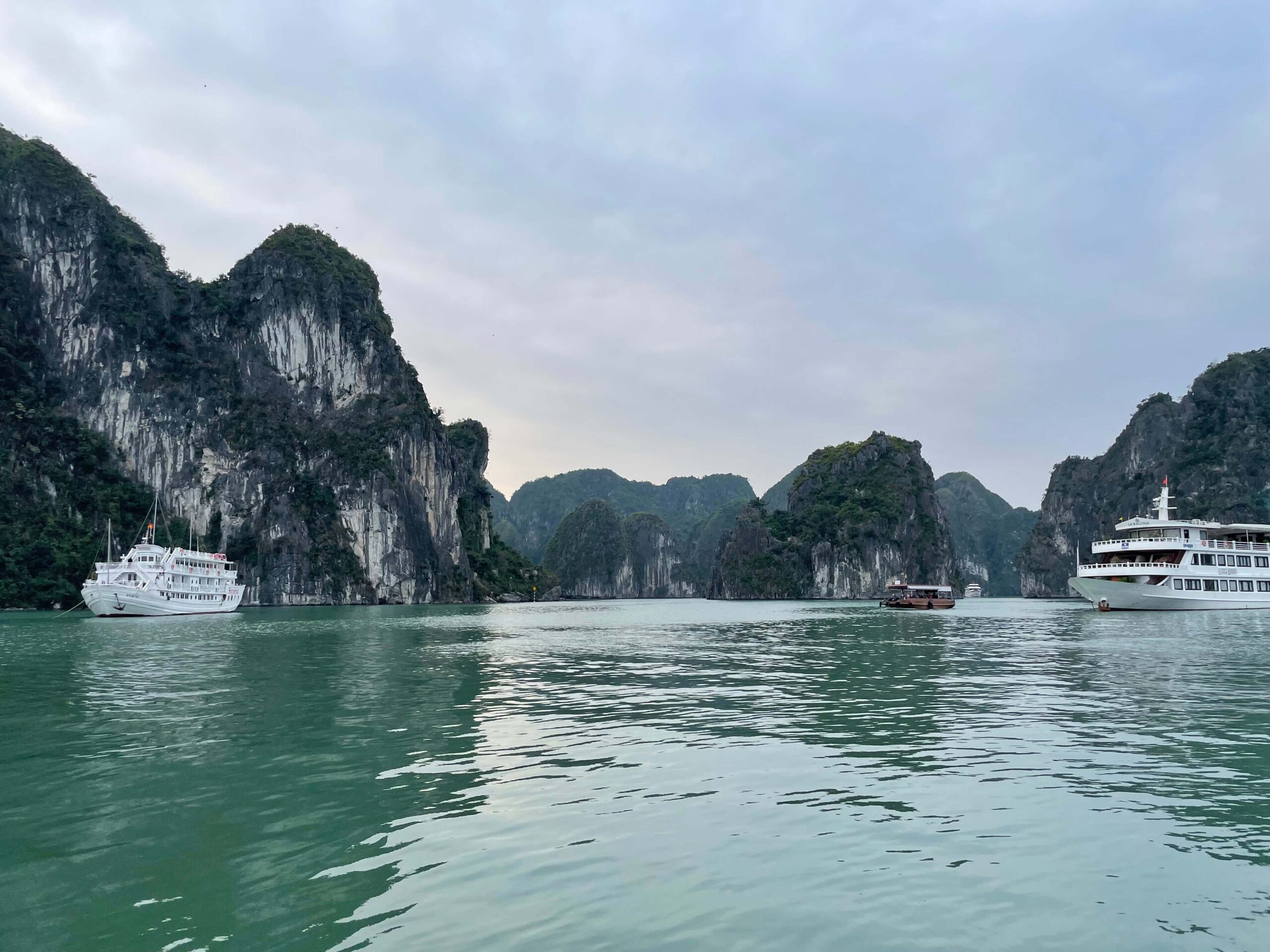 A view of the limestone karsts in Halong Bay from a cruise ship