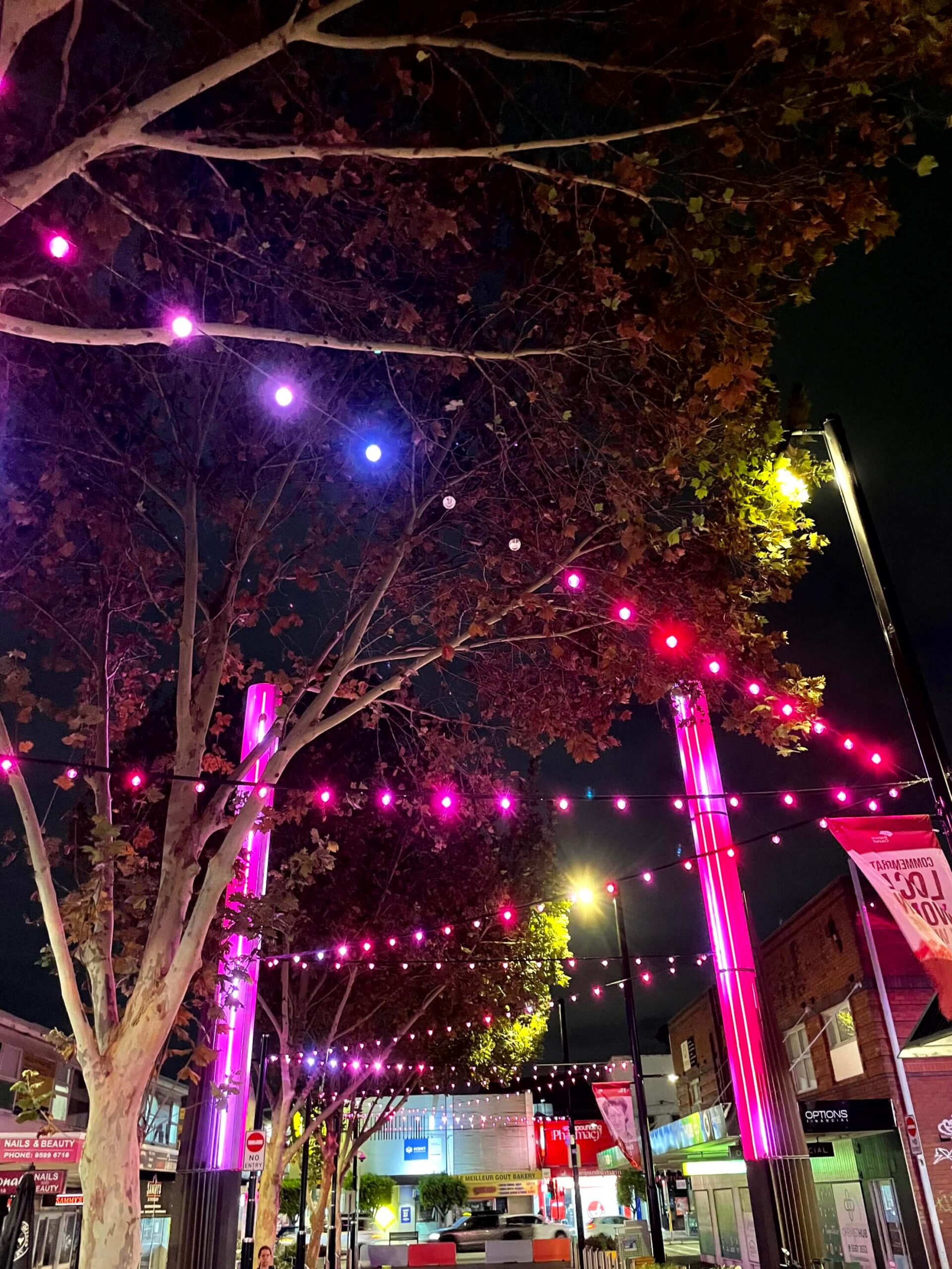 A street in Sydney lit with colourful string lights at night with trees and shopfronts lining the walkway.