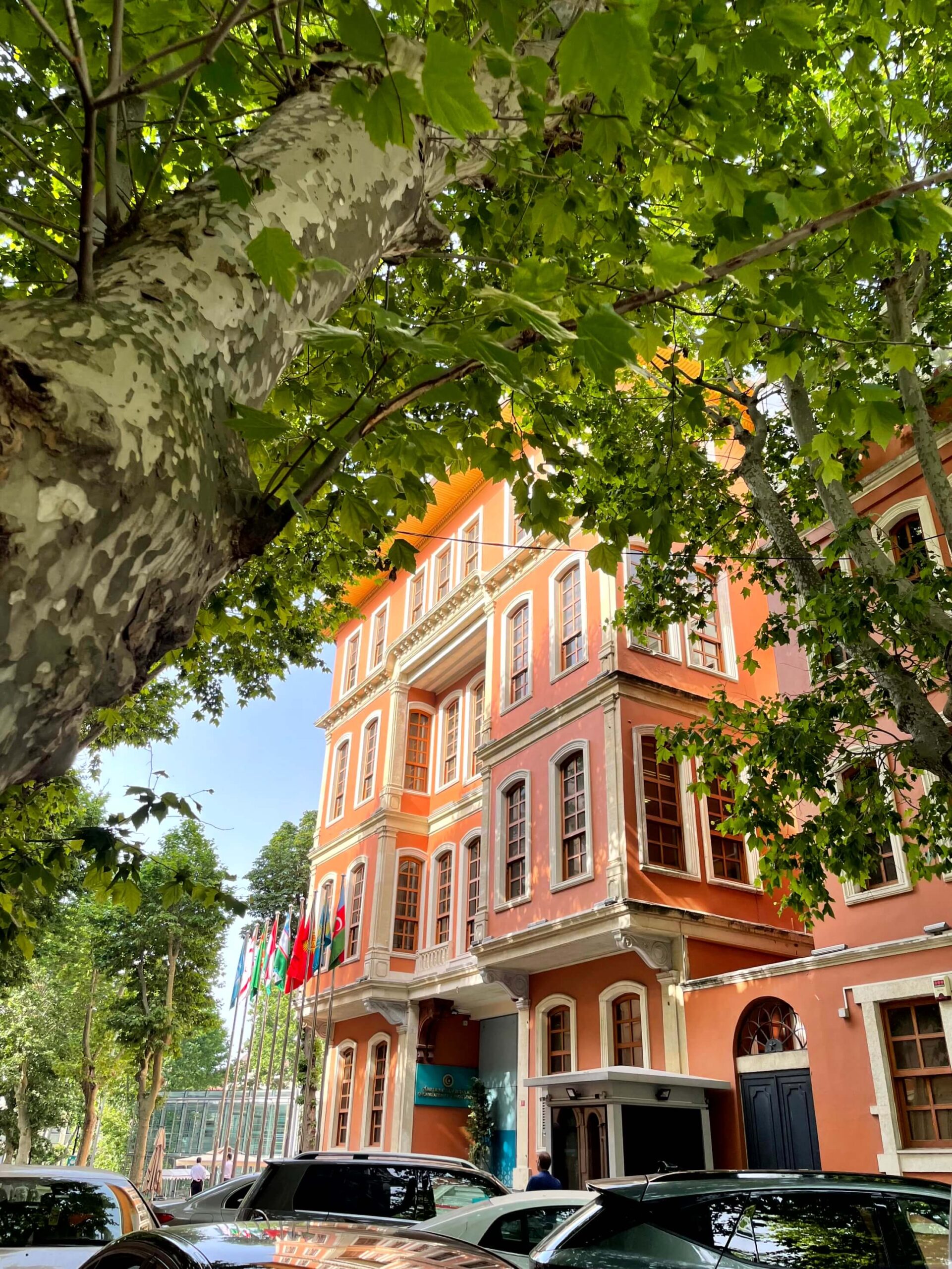 A historic orange coloured building in Sultanahmet framed by leafy green trees. Flags line the entrance and parked cars sit along the shaded street.