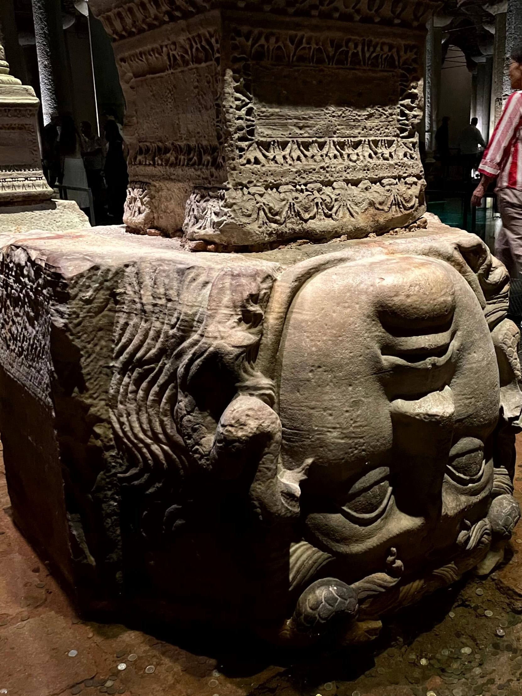One of the famous Medusa head column bases in the Basilica Cistern.