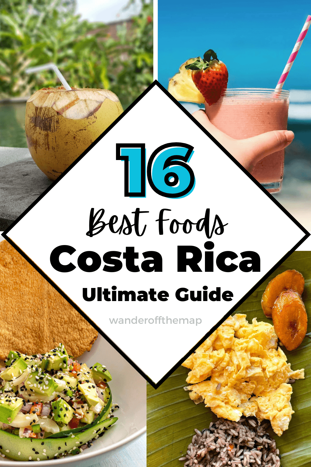 Pinterest graphic featuring fresh coconut water, a strawberry smoothie by the beach, ceviche with avocado and tostadas, and a traditional Costa Rican breakfast of gallo pinto and eggs served on a banana leaf with the text “16 Best Foods, Costa Rica, Ultimate Guide” and the brand name “Wander off the Map”.